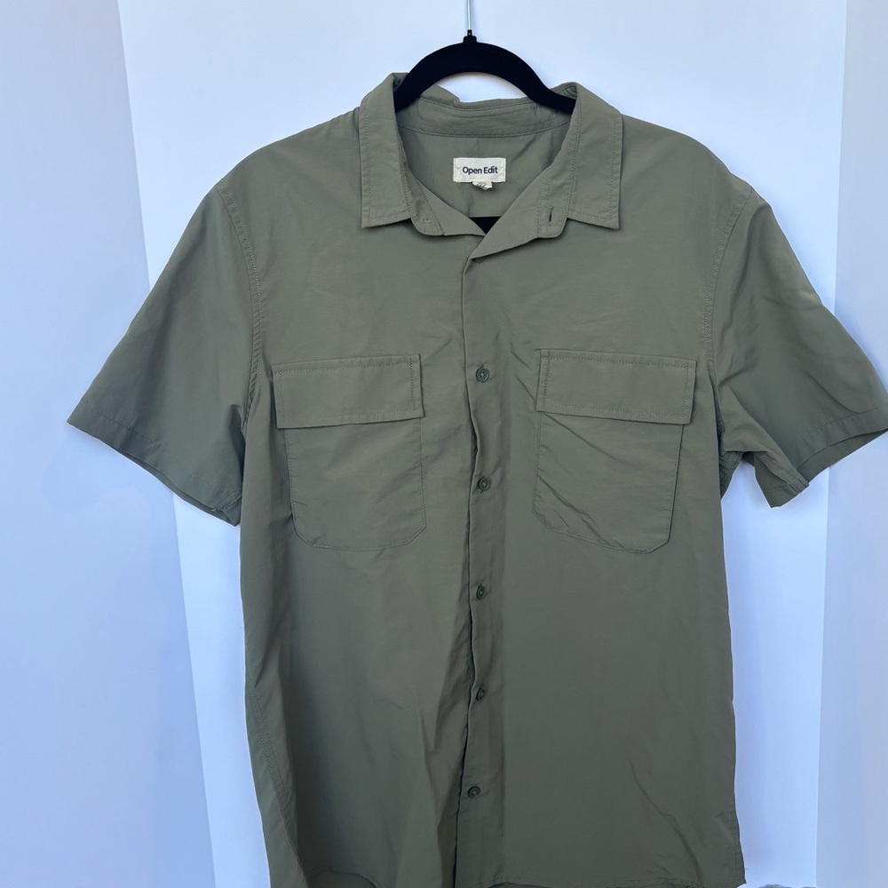 Open Edit Green Short Sleeve Button Down Shirt Large